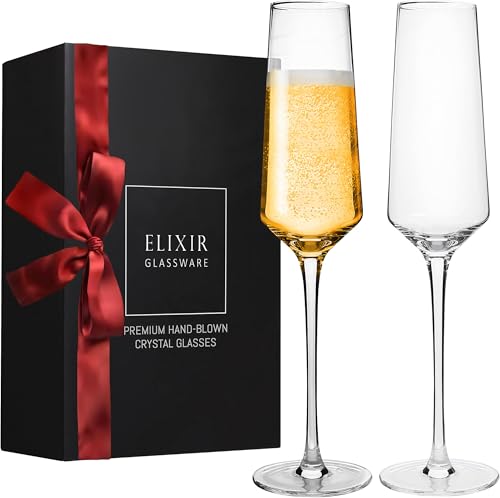 Classy Champagne Flutes - Hand Blown Crystal Champagne Glasses - Set of 2 Elegant Flutes, 100% Lead Free Premium Crystal – Gift for Wedding, Anniversary, Christmas – 8oz, Clear