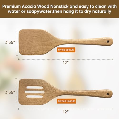 FYCTIO Wooden Utensil Set 2 Pcs - Natural Non-Toxic Acacia Wooden Spoons for Cooking, Nonstick, Sturdy, Easy to Clean, Wood Kitchen Utensils Set, Ideal for Gifting — view 2
