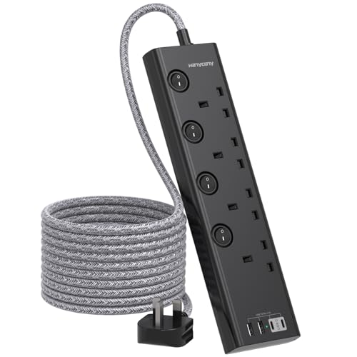 3M Black Extension Lead, 4 Way Extension Socket with 4 USB Slots(2 USB C), Individually Switched, Extension Cable 3M, Wall Mount, Desk Power Strip for Home Office Accessories