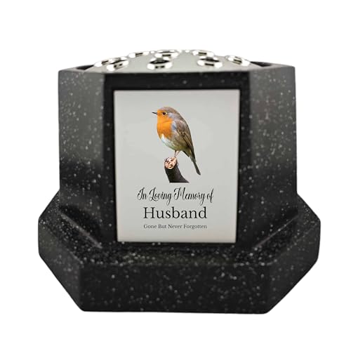 In Loving Memory Of Memorial Octagon Rose Bowl Grave Marker Flower Pot Vase With Robin Design Mum Dad & Lots More Black/Silver (UV PRINTED) (Husband)