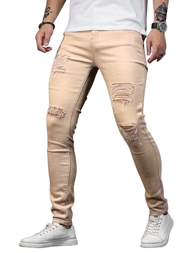 Image of HUNGSON Men's Blue Slim Fit Jeans Stretch Destroyed Ripped Skinny Jeans Side Striped Denim Pants