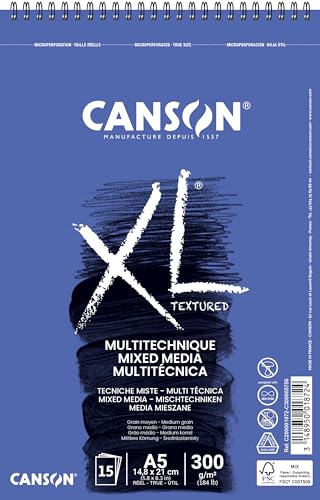 Canson XL Textured, Papel Mixed Media, Grano medio, 300g, Espiralados sobre el lado corto, A5-14,8x21cm, Blanco, 15 Hojas