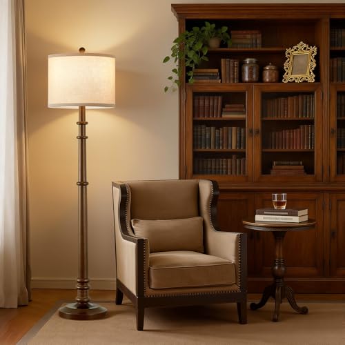 Image of Floor Lamps for Living Room - 60 inch Farmhouse Floor Lamp with Adjustable Color Temperatures - Vintage Standing Lamp Reading Light with Linen Shade Rustic Tall Lamp for Bedroom Office, Wood , Walnut
