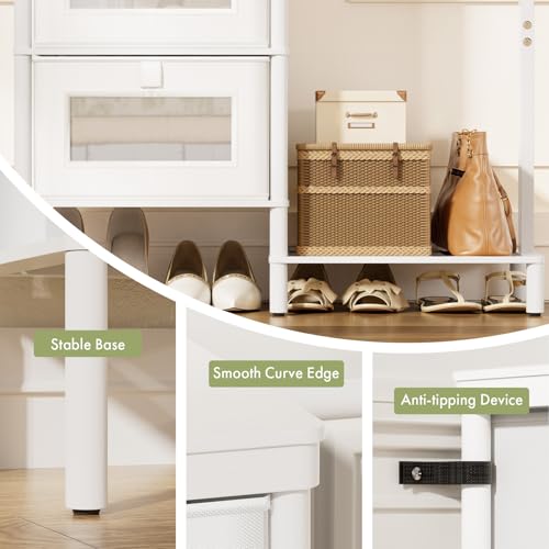 Image of Bamboo Dresser with Hanging Rack, 4-Drawer Small Closet Organizer for Bedroom, Tall Storage Tower with Clothes Rack, Natural Wood 41.4 inchH x 31.3 inchW-Space-Saving Design, Easy Assembly (white)