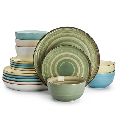 Image of Sweese Plates and Bowls Sets, 18 Piece Dinnerware Set Porcelain Round Dinner Set for 6, Scratch Resistant Dishes Set, Dishwasher and Oven Microwave Safe Handpainted Swirl Dishware Sets, Assorted Green