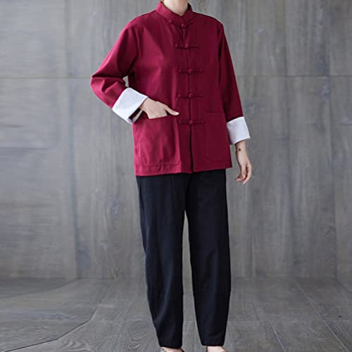 HHHH Women's Kung Fu Jacket Frog Button Mandarin Collar Loose Fit Blouse Chinese Tang Shirt Tai Chi Training Uniform (L, 60# Red)3