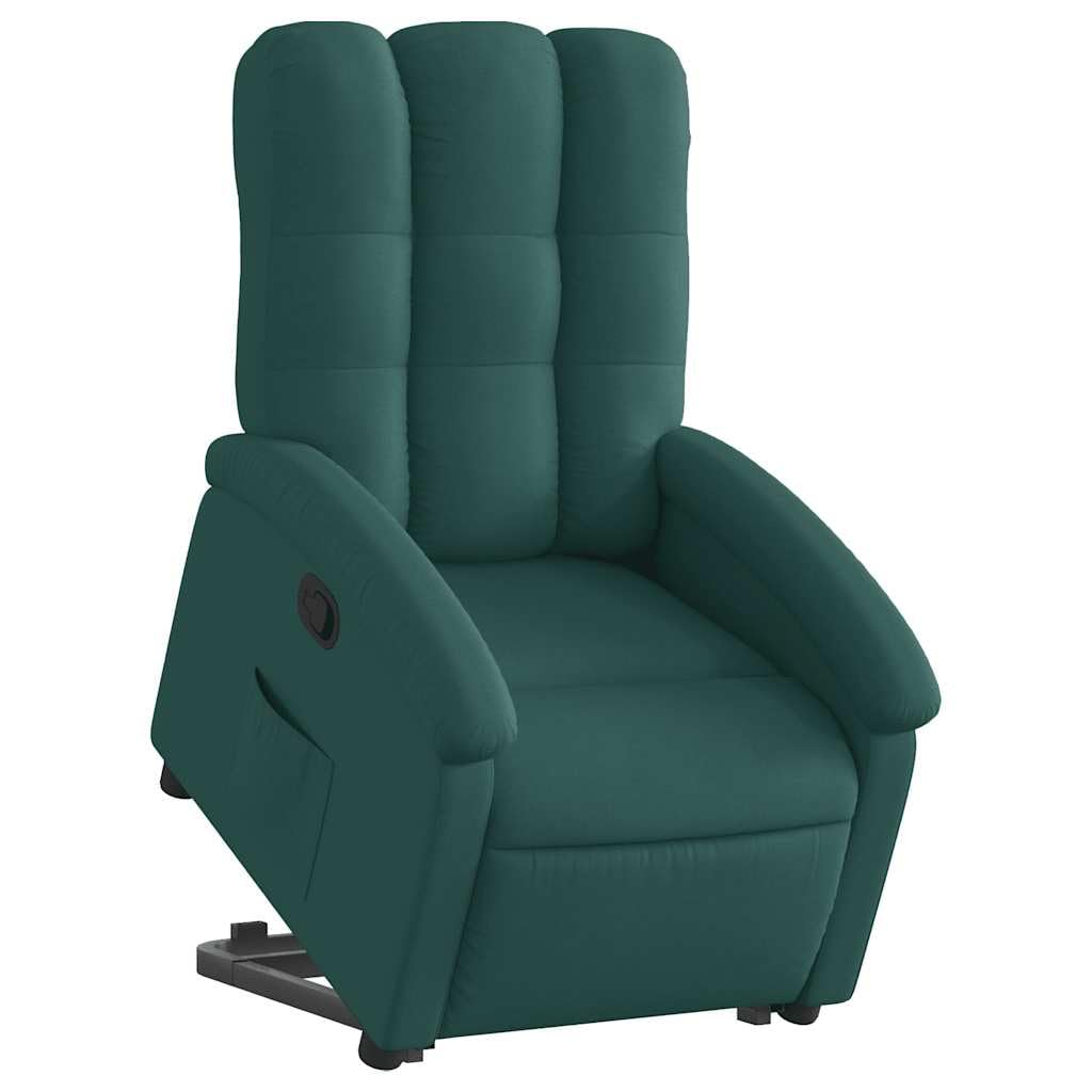 Sillón elevador reclinable verde oscuro de tela con motor eléctrico y función manual para elevación e inclinación hasta 135 grados