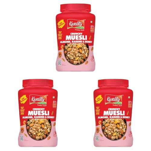 Image of Kwality Muesli Crunchy Almonds, Raisins & Honey 900g | 87% Multi Grains| Natural Source of Vitamin & Iron, High in Protein & Fiber, Low Fat & Cholesterol-Free (Pack of 3)