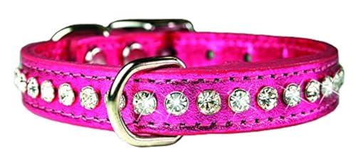 Image of Signature Leather Crystal Dog Collar, Metallic Pink Solid Grain Leather, Fits 11.5 inch-13.5 inch Neck Size, 16 inch Overall Length
