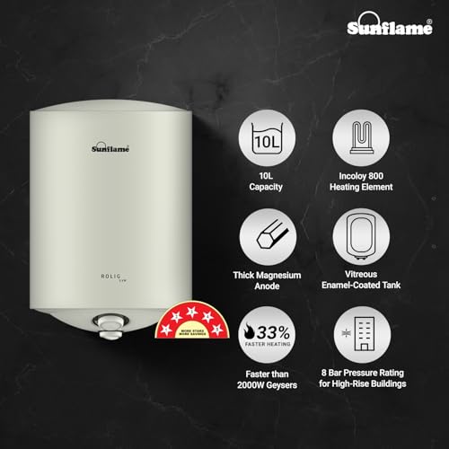 Image of Sunflame Rolig 3kW Geyser 10 Litre Water Heater for Home | 33% Faster Heating | BEE 5 Star Rating | Vitreous Enamel Tank Coating | Free PAN India Installation & Flexi Pipes | White
