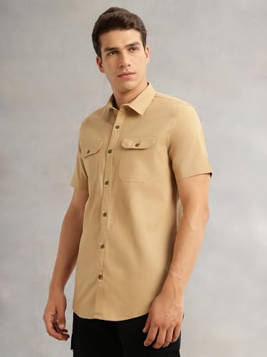Image of Thomas Scott Men's | Solid | Half Sleeve | Slim Fit | Linen Blend | Double Flap Pocket | Spread Collar | Casual Shirt for Men