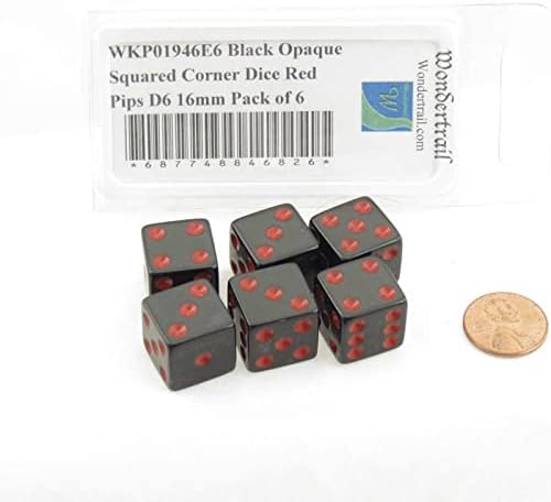 Black Opaque Squared Corner Dice Red Pips D6 16mm (5/8in) Pack of 6 Wondertrail