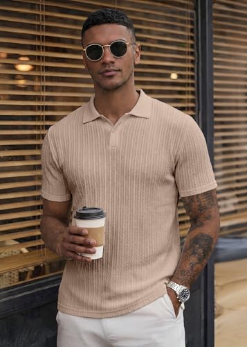 JMIERR Mens Polo T Shirt Short Sleeve Clean Casual Golf Workout Button Knit Shirt Texture, 2XL, Brown - Thumbnail 4