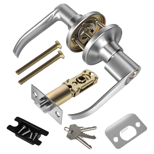 elthmpr Door Handle Lock with Keys - Privacy Door Handles Internal Locks for Bedroom Doors Stainless Steel Door Safety Lock Set Silver for Bathroom Kitchen Office Passage