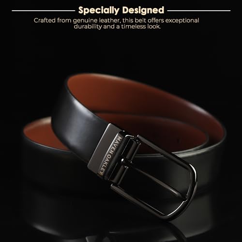 Image of Belts for Men Leather Original, Reversible Black & Brown Formal & Casual Italian Leather Belt with Solid Metal Curved Buckle