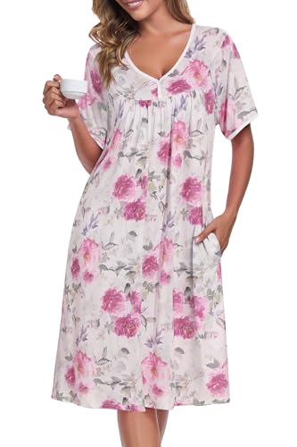 Image of AVIIER Nightgows for Women Soft Cotton Night Shirts Short Sleeve Sleepwear with Pockets