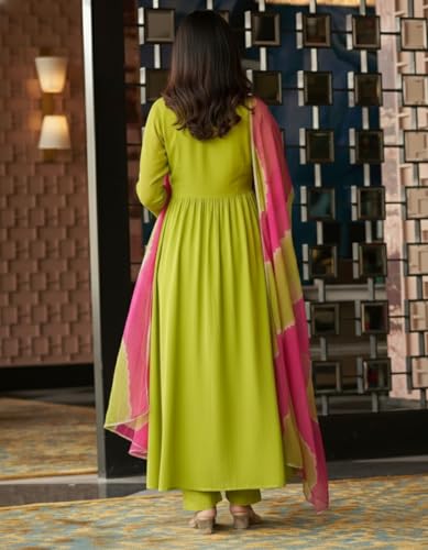 Image of ANNI Designer Women Rayon Viscose Anarkali Kurta with Pant and Dupatta | Mirror Work Long Kurta Set | Ladies Ethnic Wear Traditional Clothing for Women