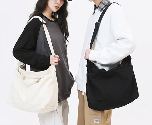 Image of Cotton Tote Handbag Women Canvas Crossbody Beach Bag Hobo Shoulder Tote Bag with 3 External Pocket,Zipper Closure