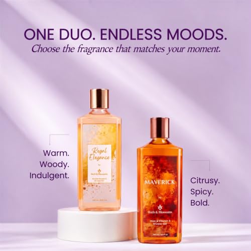 Image of Bath & Blossoms Maverick & Regal Elegance | Duo Shower Gel Collection | Bold Citrus & Spice meets Sweet Amber & Musk | 2 x 260 ml | Aloe Vera & Vitamin E | Vegan & Paraben Free | Premium Body Care | Luxury Gifting
