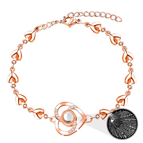 Image of Uloveido Cute Stainless Steel Heart Link Chain Bracelet | 100 Different Languages I Love You Projection Bracelets for Women Girls