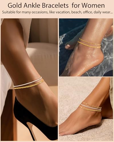 Image of ZHESHY Gold Silver Ankle Bracelets for Women 14K Gold Plated Anklets for Women Waterproof Cuban Link Heart Chain Anklets Set Non Tarnish Dainty Layered Anklet Bracelets for Women Summer Beach Jewelry