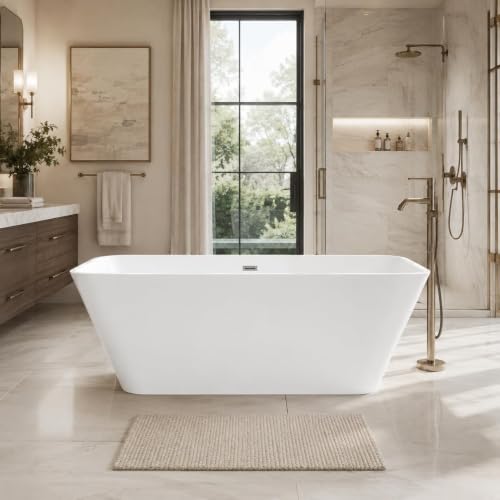 Image of 59'' Acrylic Freestanding Bathtub, Deep Soaking Tub, Modern Square