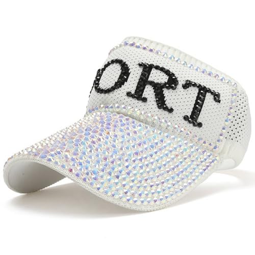 JNKET Women Sun Visor Hats Rhinestone Empty Top Hat Visor Cap Outdoor Sport Hat (US, Alpha, One Size, Medium, White)