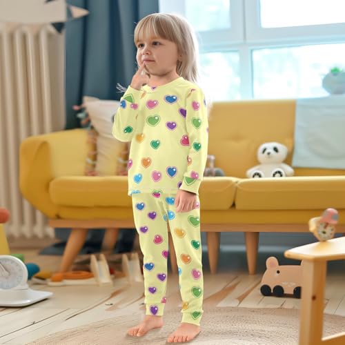 Pajama Sets Long Sleeve Colorful Hearts Yellow Background Soft Comfy Sleepwear 2 Piece PJS 3-8T 5