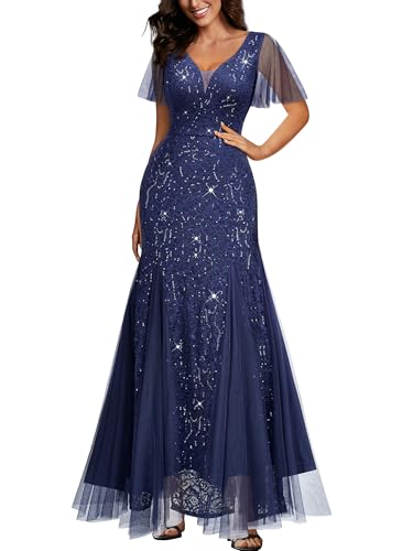 Miusol Women's Sequin Lace Deep-V Neck Tulle Mermaid Hem Evening Party Maxi Dress