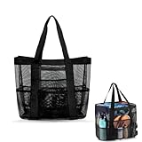 HUSHRICH Mesh Beach Bag Lightweight Large Tote Bag Sand Free, 10 Pockets Handheld Beach Hollow Mesh Bags Black Large Capacity Shoulder Beachs Bags Pool Vacation