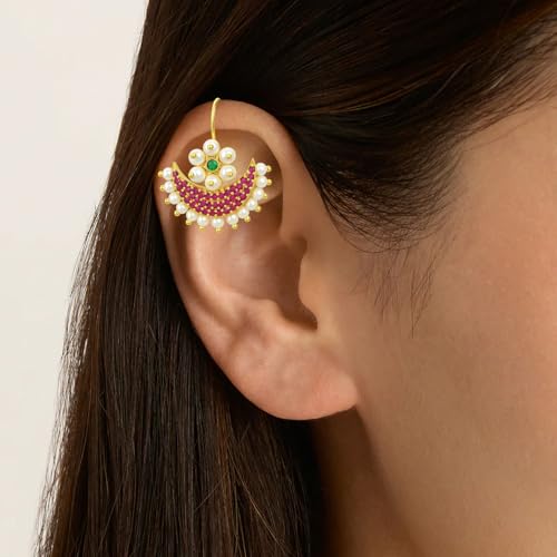 Image of VAMA FASHIONS 18K Gold Plated Bugdi Half Moon Clip On Earrings Ruby Stones Pearl Drops Traditional Maharashtrian Bugadi Upper Ear Jewelry For Women & Girls