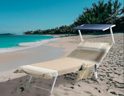 SUSANNA HOME DESIGN Toalla de playa con bolsillos y cojín hinchable – Toallas de playa/piscina Palau – Toallas de playa de algodón 100%, elásticos de fijación laterales y bolsa (beige)