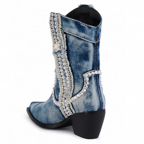 Wide Calf Denim Boots for Women Cowboy Boots Pointed Toe Chunky Block Heel Jeans Ankle Short Boots4