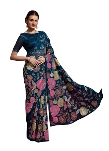 Sari traditionnel vert KULIA le cadeau indien idéal avec broderie ethnique