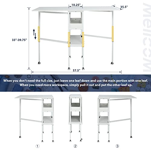 MELLCOM Height Adjustable Craft Table with Storage Shelves, Mobile Folding Cutting Table for Large Fabric, Foldable Table for Home Office Sewing Room Craft Room - Thumbnail 3
