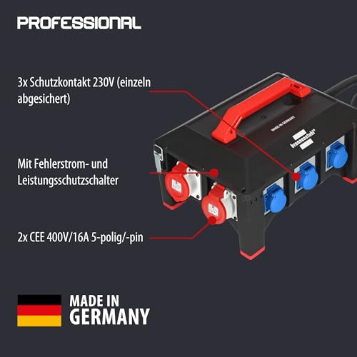 Brennenstuhl Professional Gummi-Stromverteiler BSV 5-63A / Stromverteiler CEE-Stecker 63A (2m Kabel H07RN-F 5G16,0, 1xCEE 400V/32A, 2xCEE 400V/16A, 6X Schutzkontakt 230V, Made in Germany)