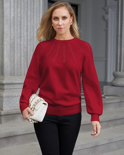 COSSEN Womens Fall Sweater Casual Long Sleeve Crewneck Pullover Sweaters Hollow Out Trendy Outfit L Red — view 3