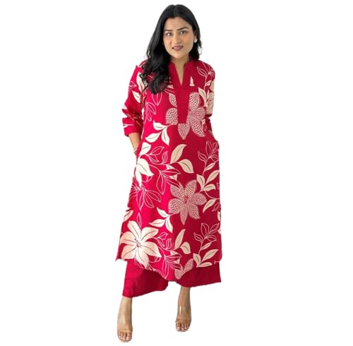 Image of Yashika Women's Floral Printed Cotton Blend 3 /4th Sleeve Knee Length V-Neck Kurta and Palazzo Set for Women