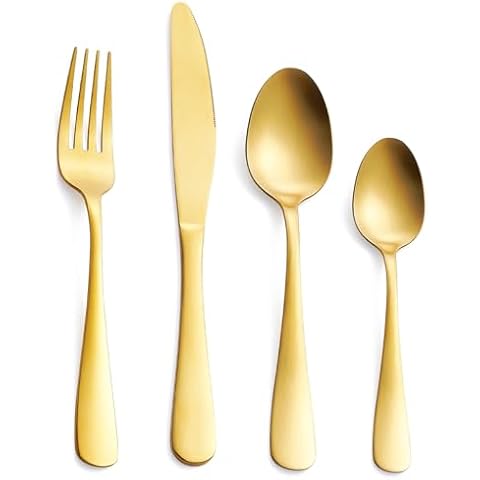 GoGeiLi 24-Piece Silverware Set, Stainless Steel Matte Gold Flatware Curlery Set, include Spoons, Forks and Knives, Service for 6, Dishwasher Safe Cover