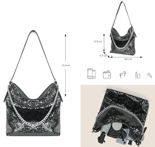 Image of Patent Leather Handbags Shiny Sequins Shouder Bags Elegant Chain Hobos Purse