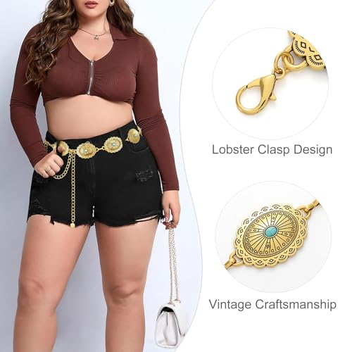 Image of WHIPPY Women Concho Chain Belt Metal Link Western Cowgirl Turquoise Chain Belt for Dress