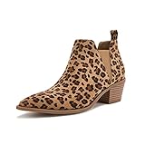 Minshluu Womens Leopard Ankle Boots Stacked Chunky Heel Slip on Low Heeled Booties