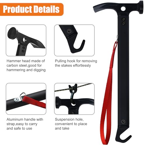 Image of Eurmax USA Hiking Camping Tent Stakes and Hammer Set Lightweight Multi-Function Tent Hammer with Tent Stake Remover,Tent Pegs for Camping, Hiking, Backpacking, Gardening(Orange Stopper Stakes)