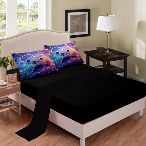 Image of NINENINE Gaming Comforter Sets, Gradient Honeycomb Galaxy Gaming Bedding 5PCS Queen Size Comforter Sets for Boys Gamer (1Comforter, 1Flat Sheet, 1Fitted Sheet, 2Pillowcases)