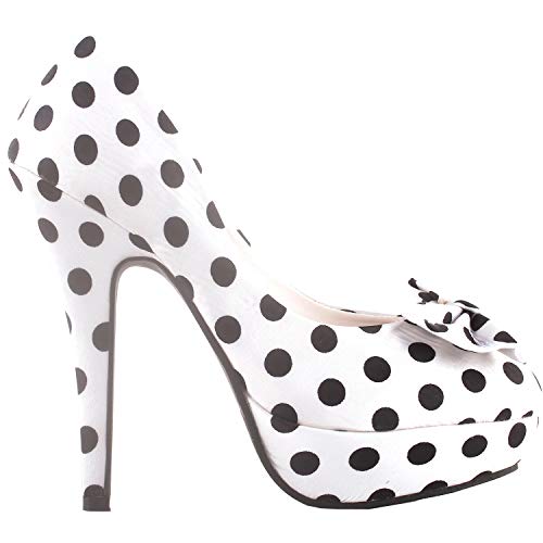 SHOW STORY White Two Tone Spot Polka Dots Bow Stiletto Platform High Heel Pump,LF30406AW39,8US,White