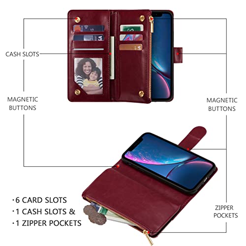 UEEBAI Wallet Case for iPhone XR, PU Leather Magnetic Closure Handbag Zipper Pocket Case Kickstand Card Holder Slots with Wrist Strap TPU Shockproof Flip Cover - Red Wine