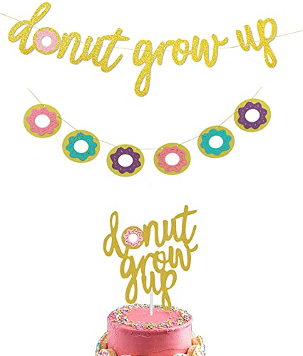 Donut Birthday Party Decorations Kit Gold Glitter Donut Grow Up Banners and Cake Toppers for Baby Shower Kids First Birthday Party Decorations