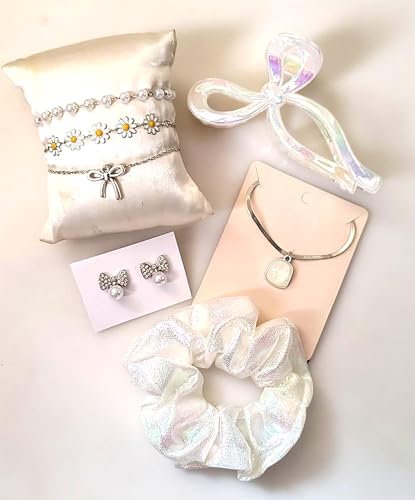 Image of Styling Fashion Accessories Hamper White Stone Nacklace Chain, Earring, 3 Hand Braclates and Clutcher with Box (Pack of 7)
