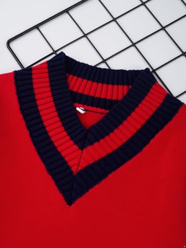 JEATHA Boys\' Long Sleeve V-Neck Cricket Sweaters School Uniform Pullover Shirts Fall Winter Knit Tops Red 11-12 Years