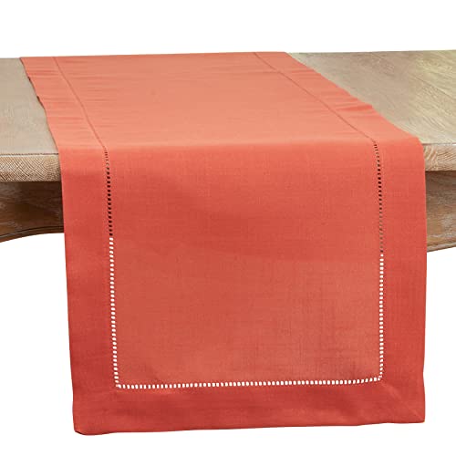 SARO LIFESTYLE Classic Hemstitch Table Runner - Elegant Everyday Table Runner with Textured Fabric and Hemstitched Border for Dining Tables and Formal Entertaining, 16"x45", Terracotta